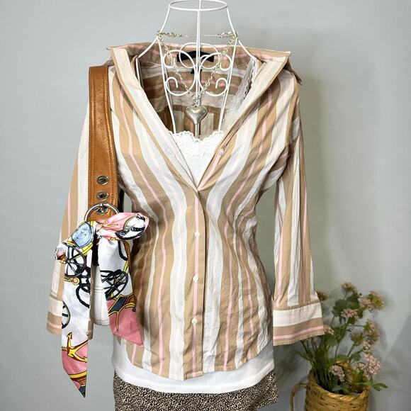 Gorgeous vintage y2k 90s brown & pink striped fitted button up top - Picture 3 of 6